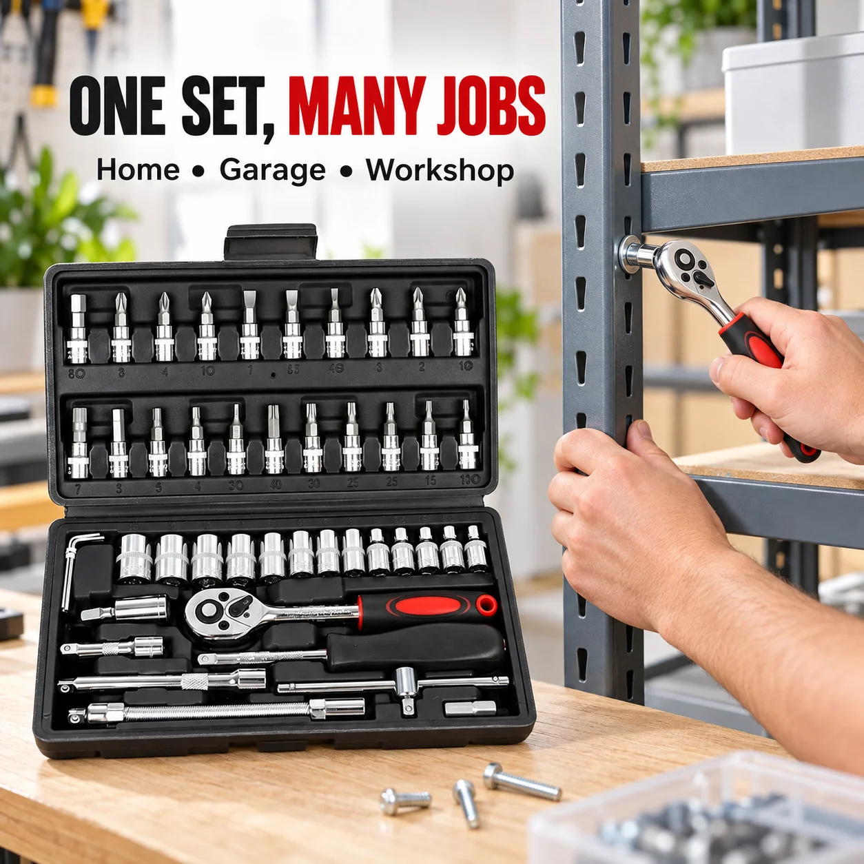 46PCS 1/4 Inch Drive Metric Socket Wrench Set, Ratchet Tool Kit for Auto Car Repair, Portable Hand Tools for Mechanics