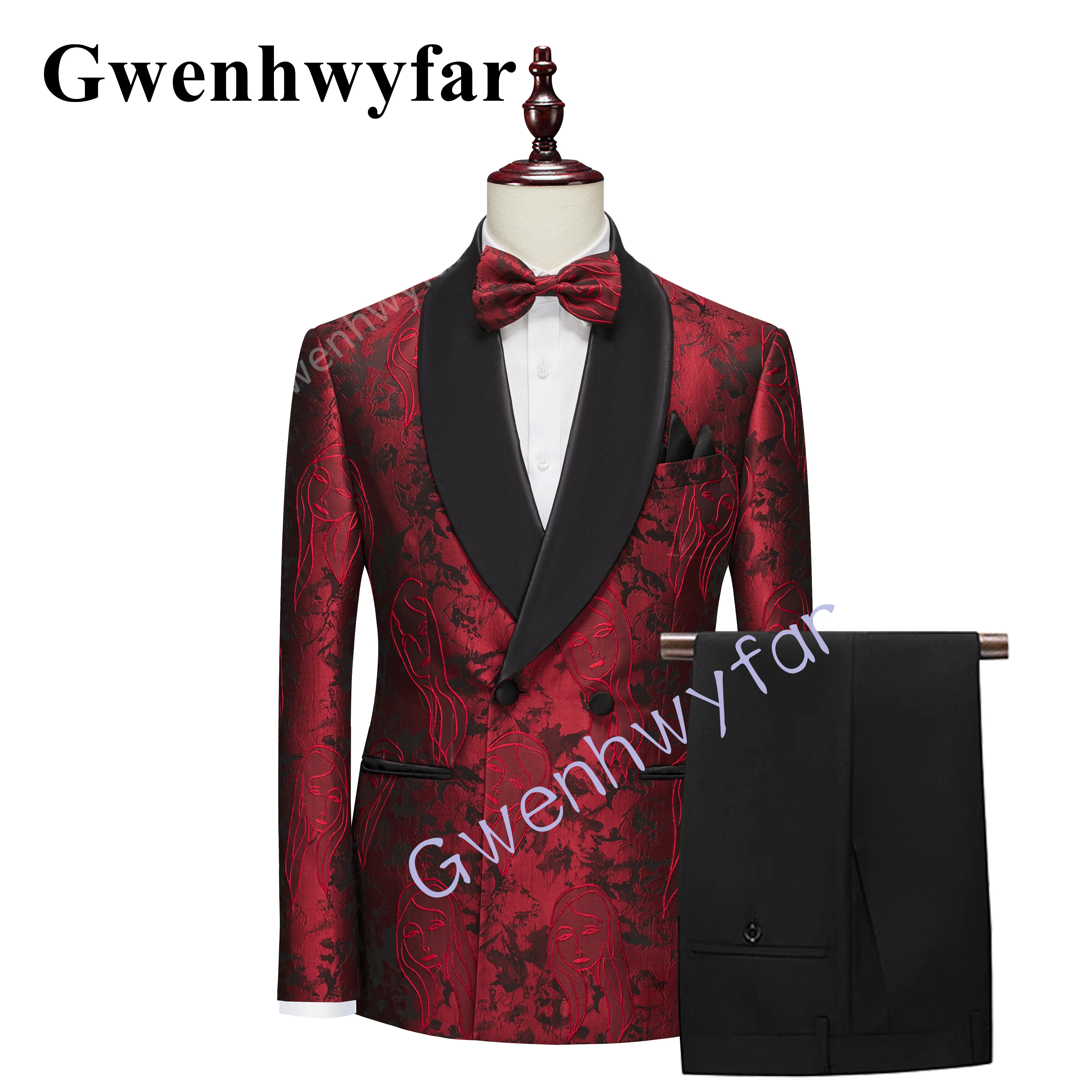 

Gwenhwyfar Trend New Style Groom Wedding Jacquard Fabric Double Breasted Suit Party Casual Tuxedo Handsome Blazer 2 Piece Set