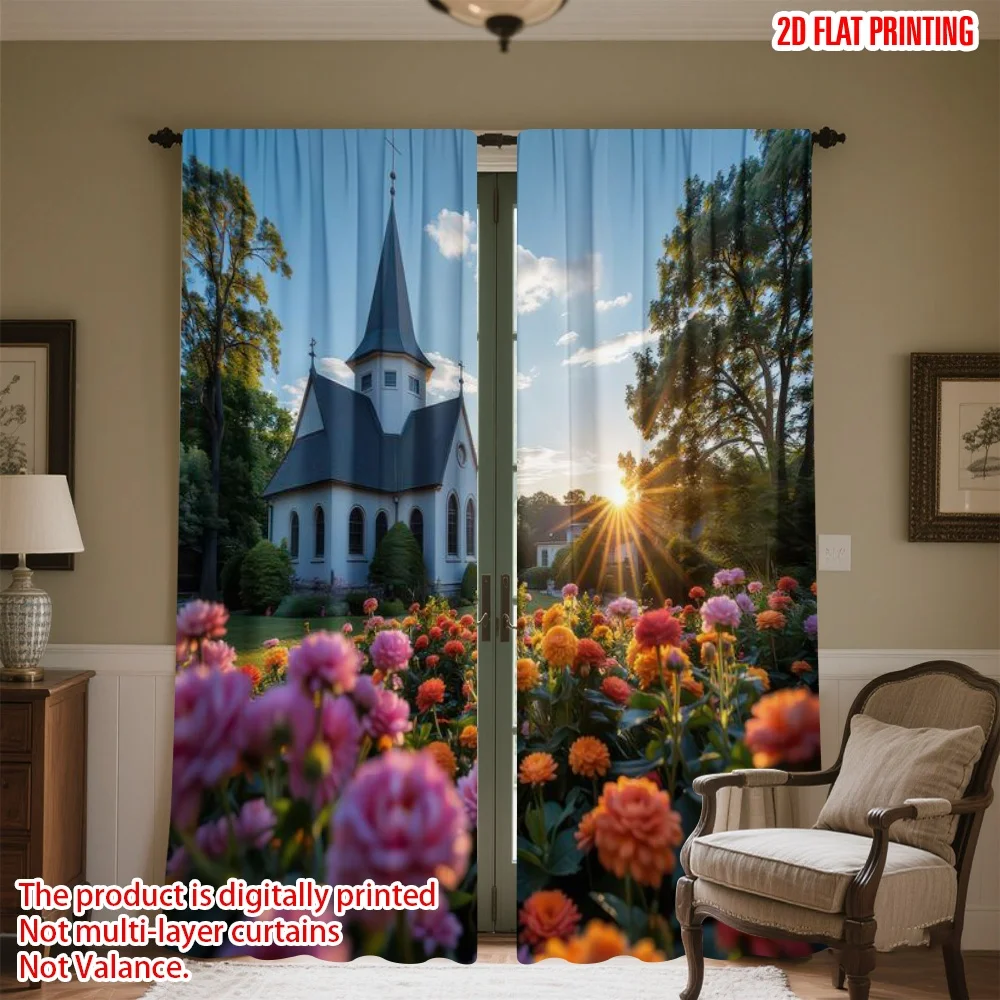 

2D flat printing 2pcs Party Curtains Sunset Over Flowered Church Digital Printed Polyester Drapes Festive Wall Decor Use for