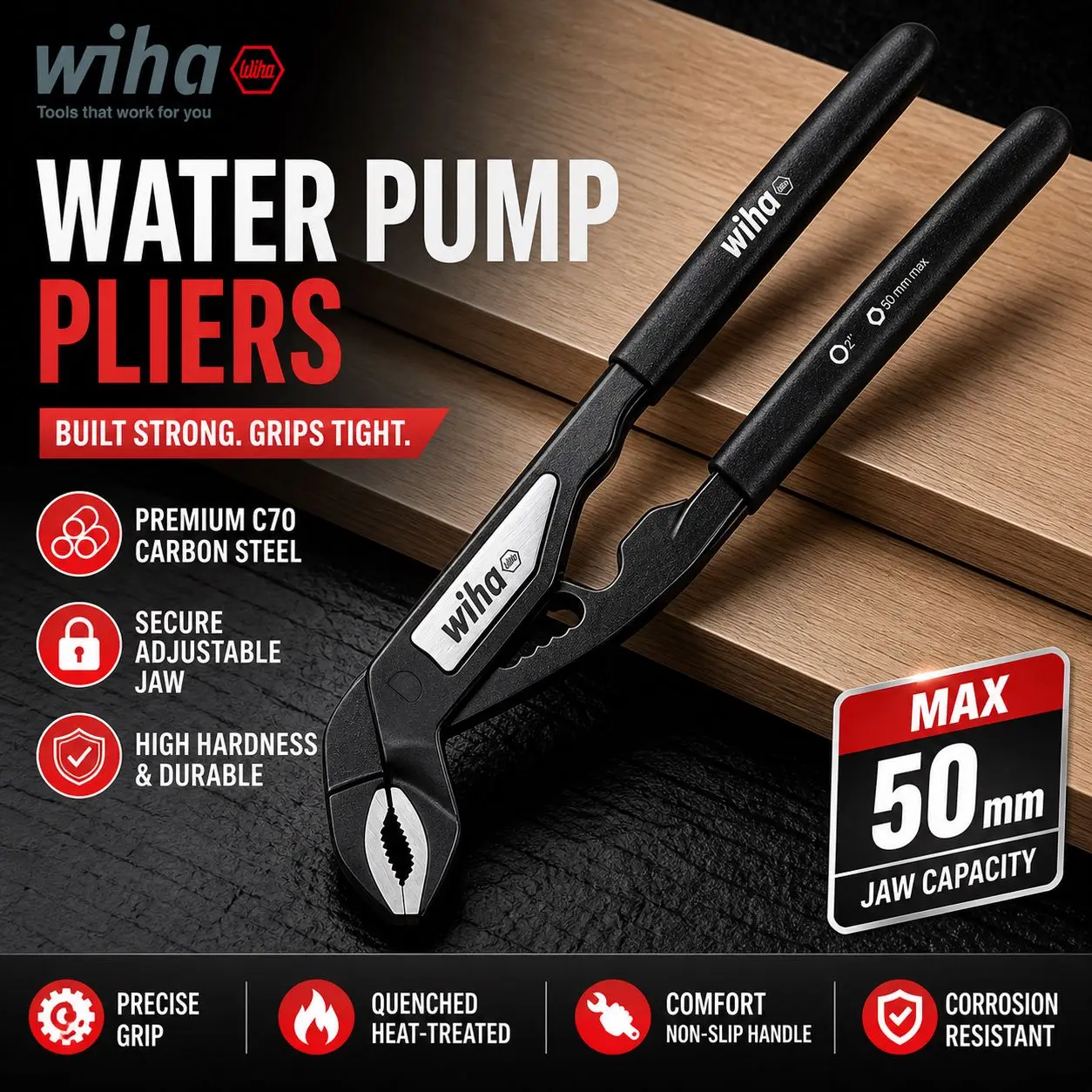 Wiha47164 Germany Black Forest Water Pump Pliers, 10 Inch, Imported, Extra Wide Jaw Pipe Plier, Pipe Wrench, 47164