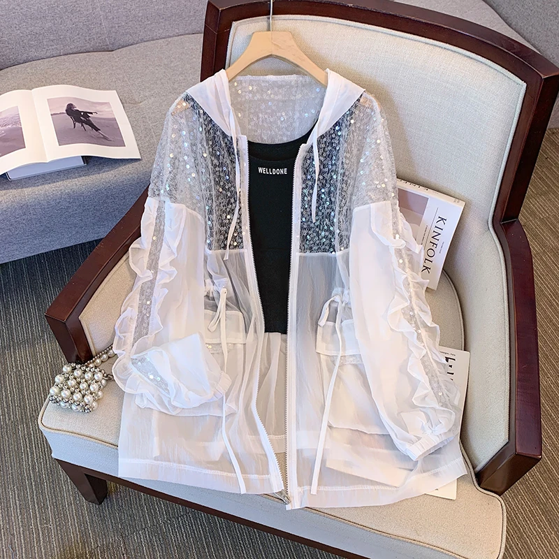 Summer Women Sun Protection Ice Silk Sequined Jacket Hooded Beading Coat Air-conditional Thin Breathable Zippers Cardigan Tops