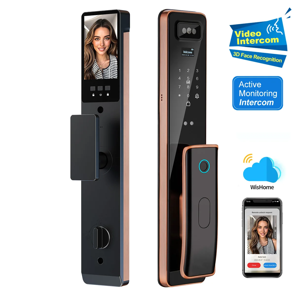Face Recognition Smart Fingerprint Door Lock, App Remote Control, Video Call and Two‑Way Intercom