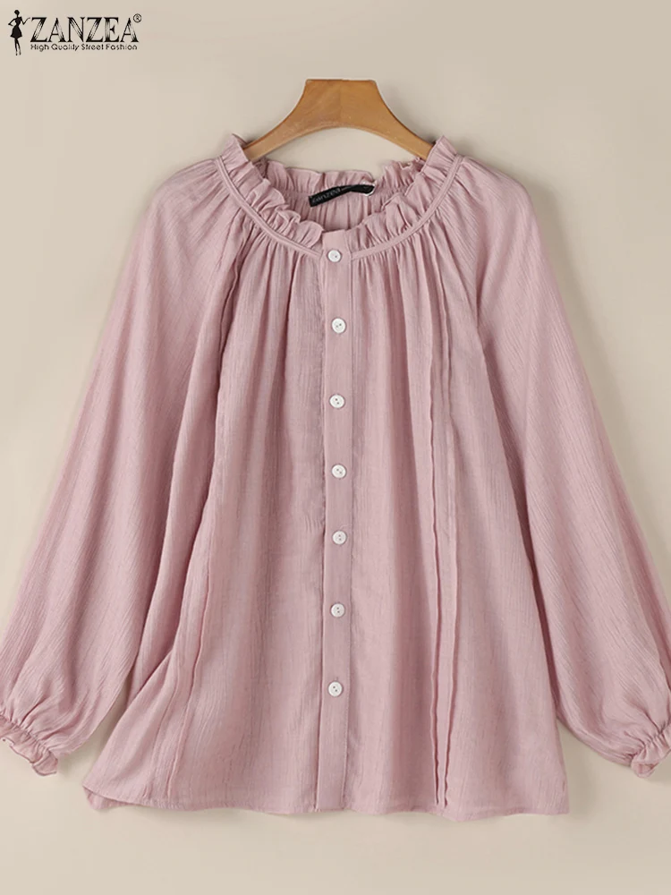 ZANZEA Fashion Women Long Sleeve Shirt Autumn Blouse Vintage Solid Ruffles Tops Tunic Casual Loose Work Blusas Mujer Chemise