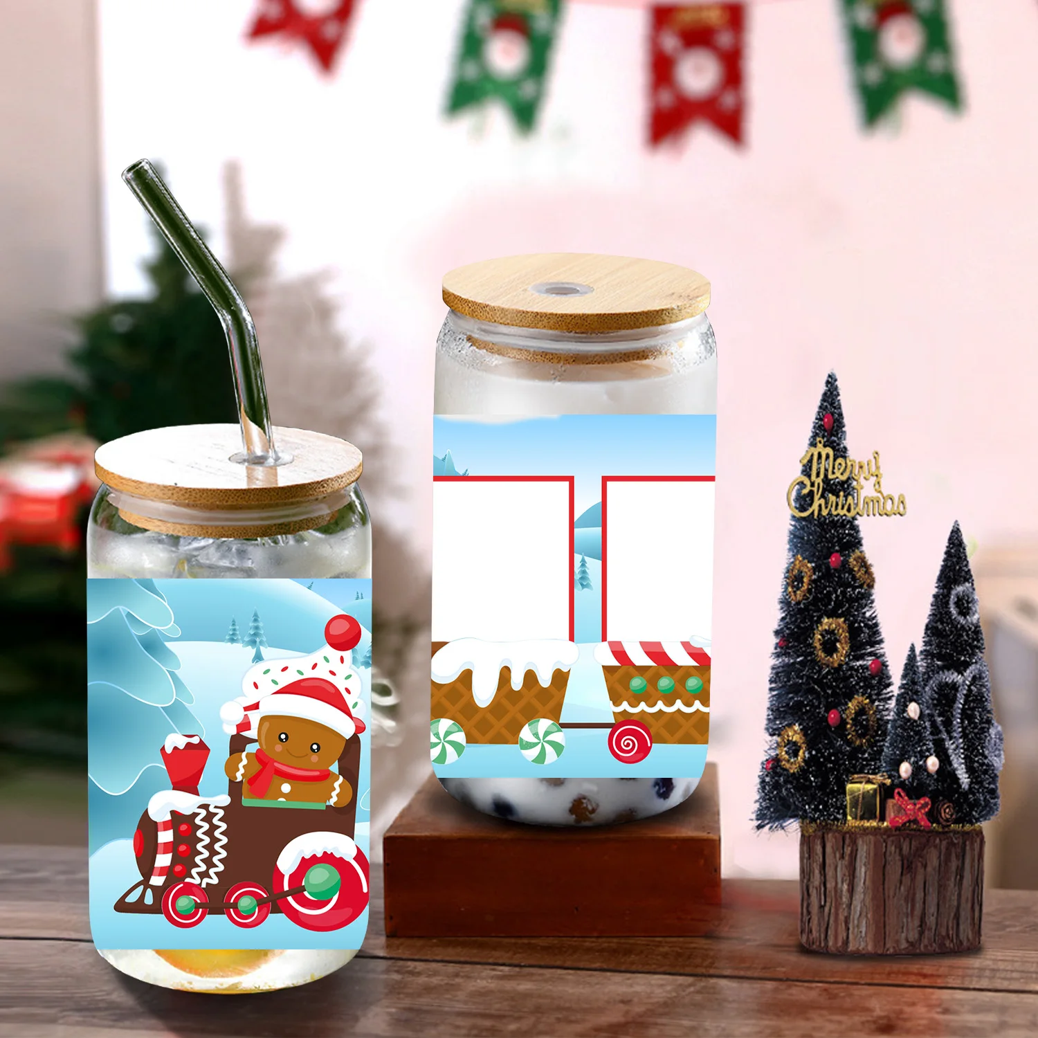 1pc 3d print Customized Photos Christmas Hat&Tree 16oz Glass Cup With Lid&Glass Straw Portable Juice/Coffee Drinking Cup