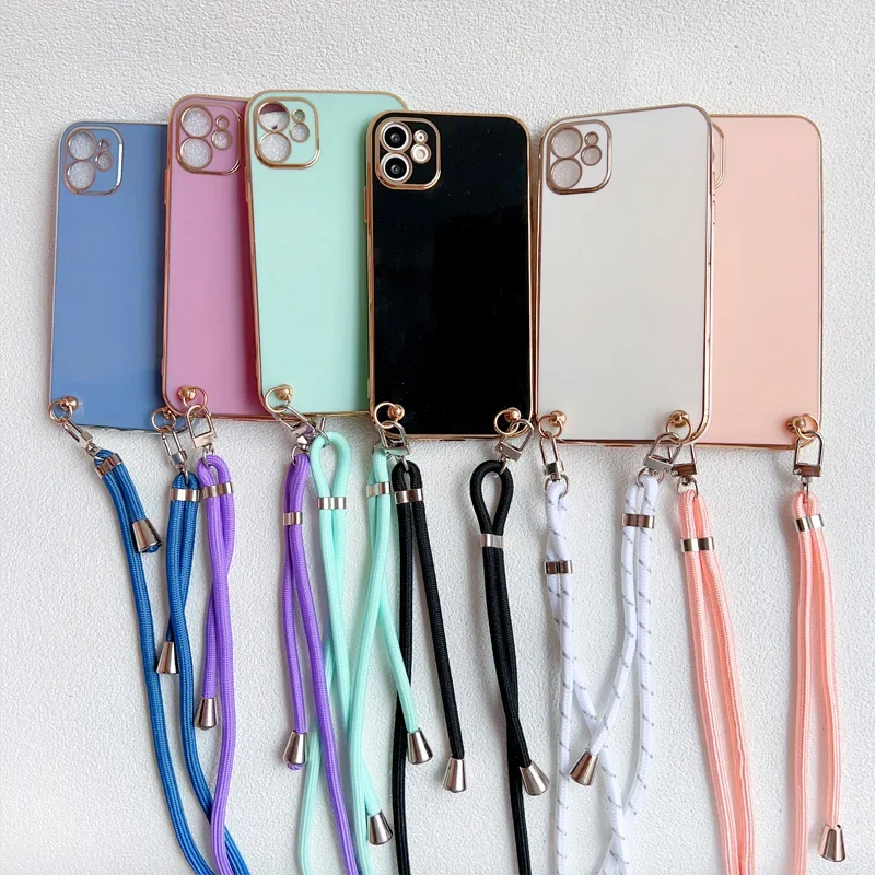 Crossbody Lanyard Strap Plating Phone Case For Samsung Galaxy A15 A25 A35 A55 A05 A05S 4G 5G Soft Cover