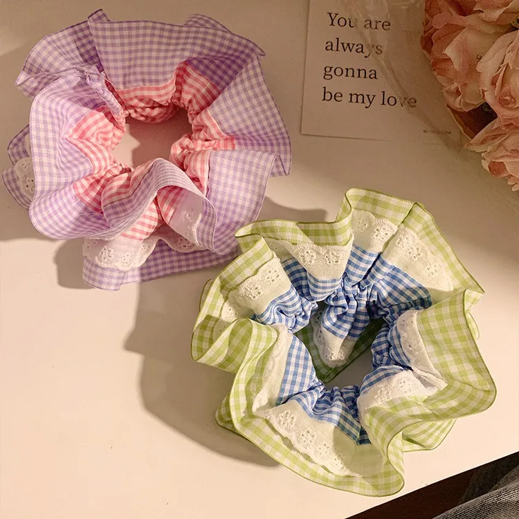 

French Style High-grade Multi-layers Lace Plaid Large Hair Scrunchies For Women Gentle Oversized Hair Bands Ponytail Holder HOT