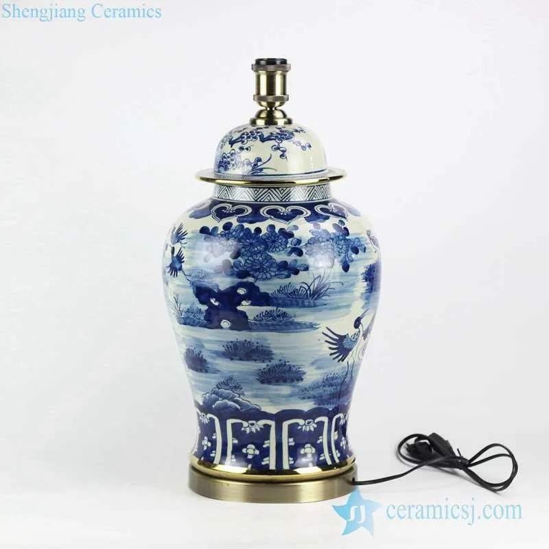 DS102-RZFZ02-A الذهب حافة النحاس قاعدة الأزرق والأبيض الطيور زهرة نمط الخزف الزنجبيل جرة مصباح