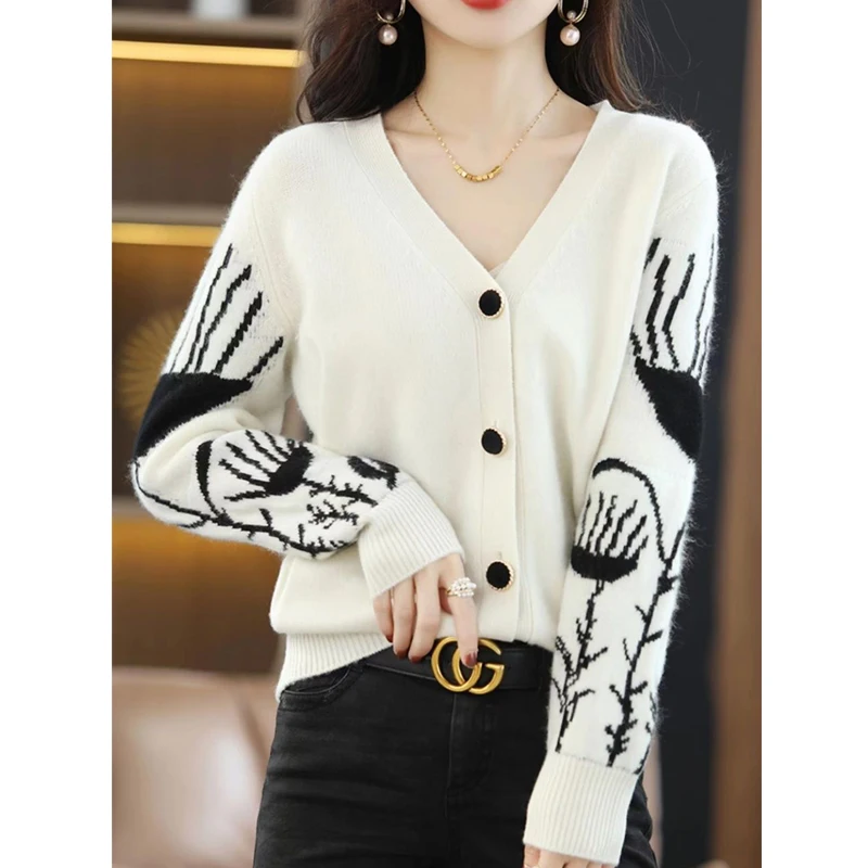 Women Korean Fashion V Neck Jacquard Chic Elegant Soft Wool Knitted Cardigan Fall Winter Female Casual Long Sleeve Sweater Coats