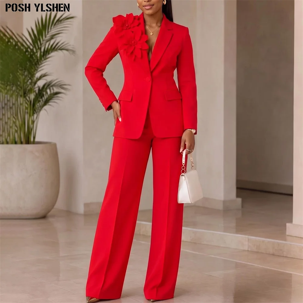 Elegant 3D Floral Decor Two 2 Piece Set for Women Long Sleeve Blazer Wide Leg Pants African Female Office Ladies Business Suit