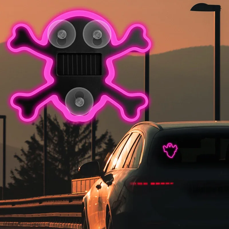 LED Solar Powered Skull Head Neon Car Interior Window Illuminated Light Rear Decoration Atmosphere Light Halloween Decorations