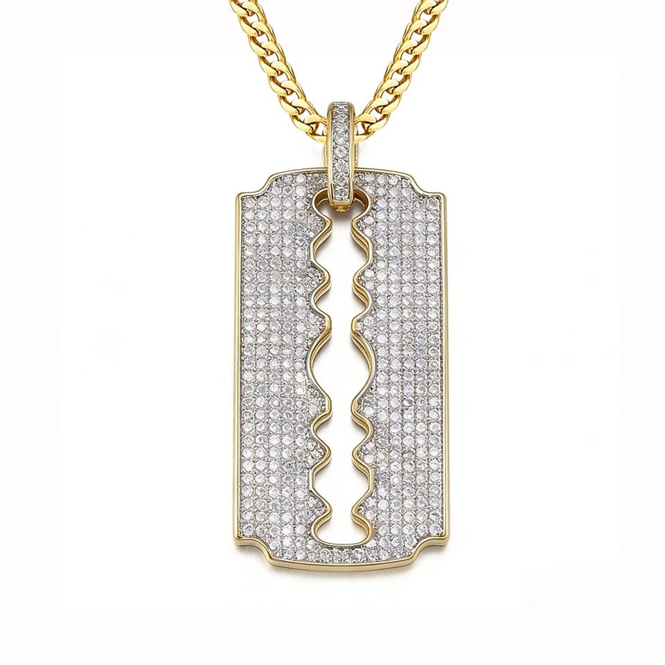 VANAXIN Iced Out Blade Pendant Necklace Men's Creative Shaver 14k Gold Plated Full Pave Cubic Zirconia Chain Punk Jewelry