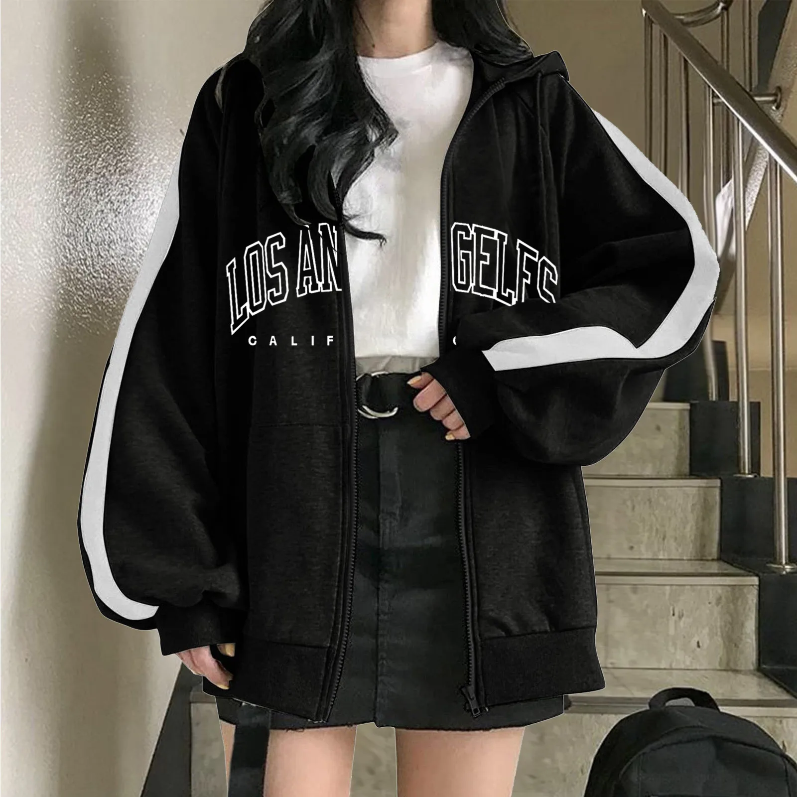 Women Hoodies 2024 Autumn Retro Solid Color Zip Up Oversized Sweatshirts Harajuku Korean Version Long Sleeve Hooded Jackets Coat