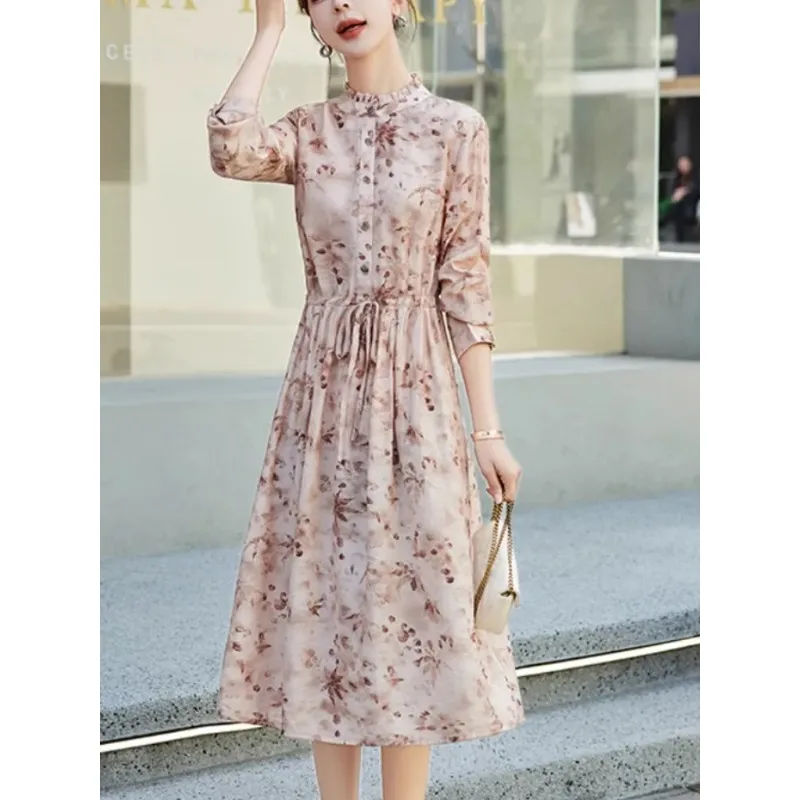 Womens Beige And Brown Floral Print Ruffled Stand Collar Three Quarter Sleeve Midi Dress With Drawstring Waist