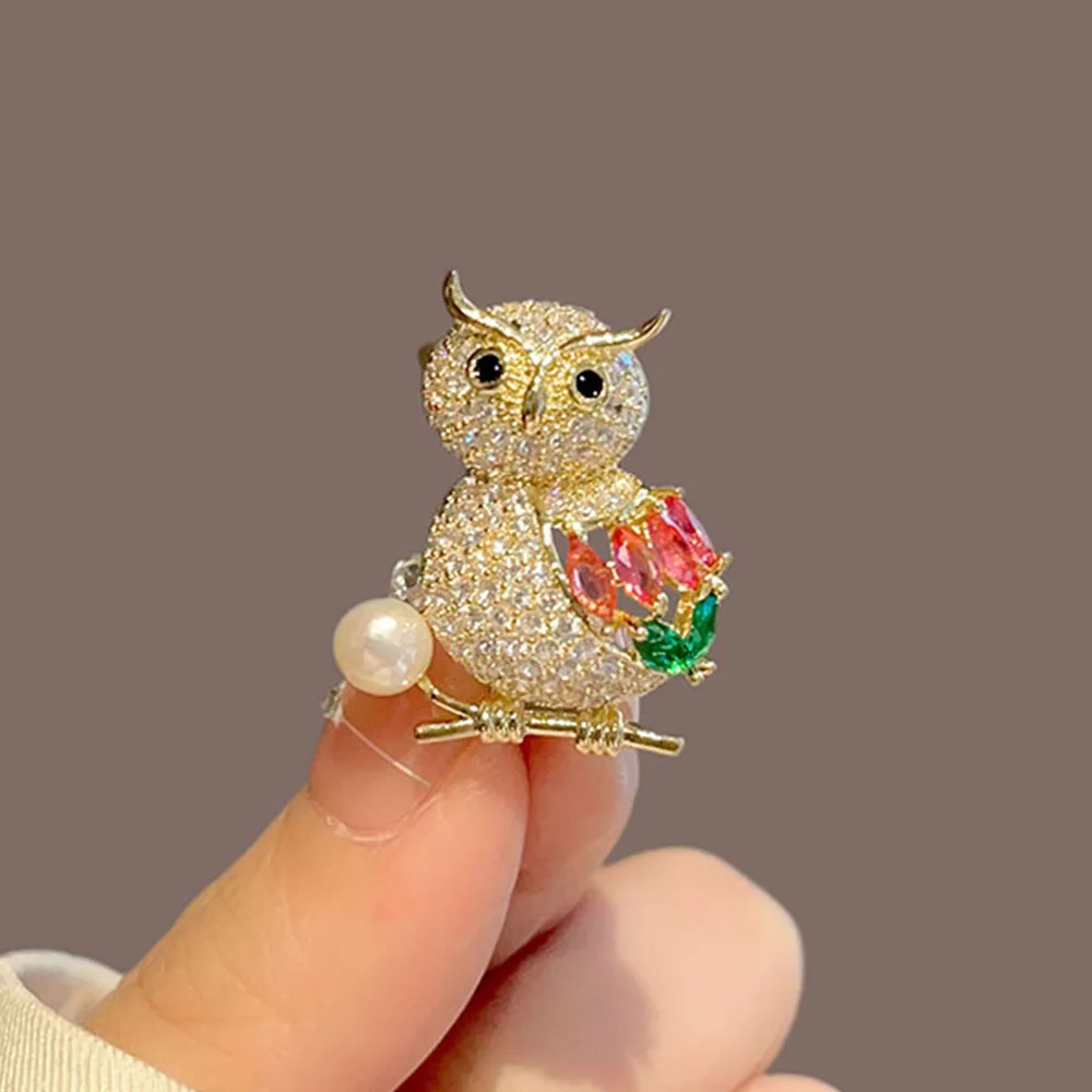 Colorful Cubic Zircon Owl Bird Brooches for Women Korea Trendy Gold Color Banquet Rhinestone Animal Lapel Pins Weddings Gifts