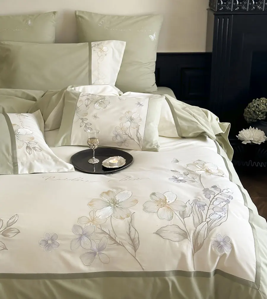 Fresh fashion embroidery flower green bedding set,full queen sand king cotton home textile bed sheet pillow case duvet cover