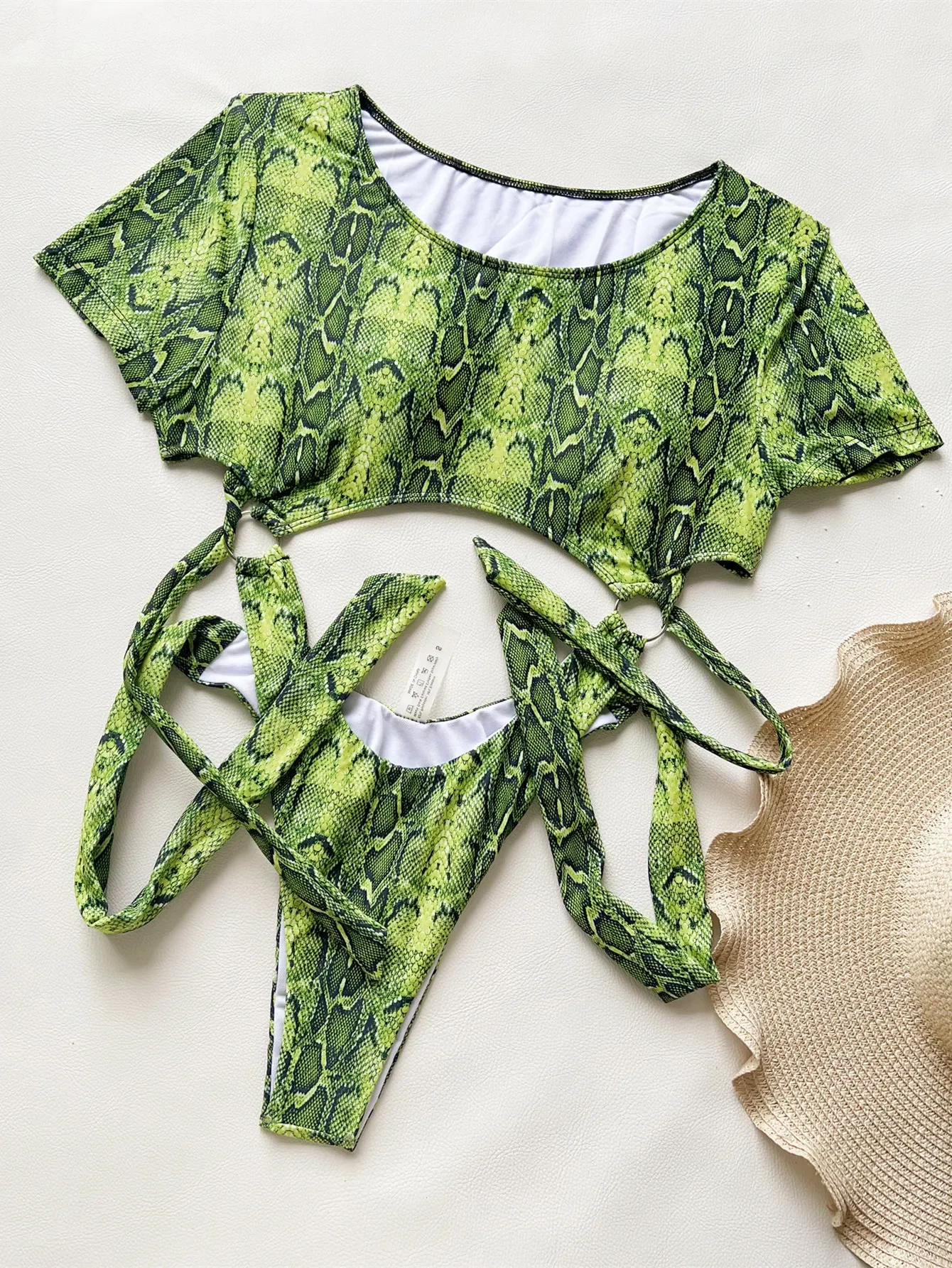 Trajes de baño sexis con estampado de serpiente verde, Bikini de una pieza con anillo, traje de baño de Tanga de cintura alta con lazo para mujer, trajes de baño 2024