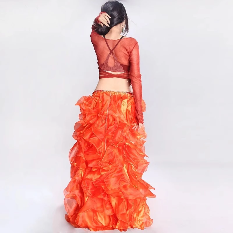 customized belly dance performance costume mesh long sleeved top with slits long skirt training suit set exotic dancewear sexy