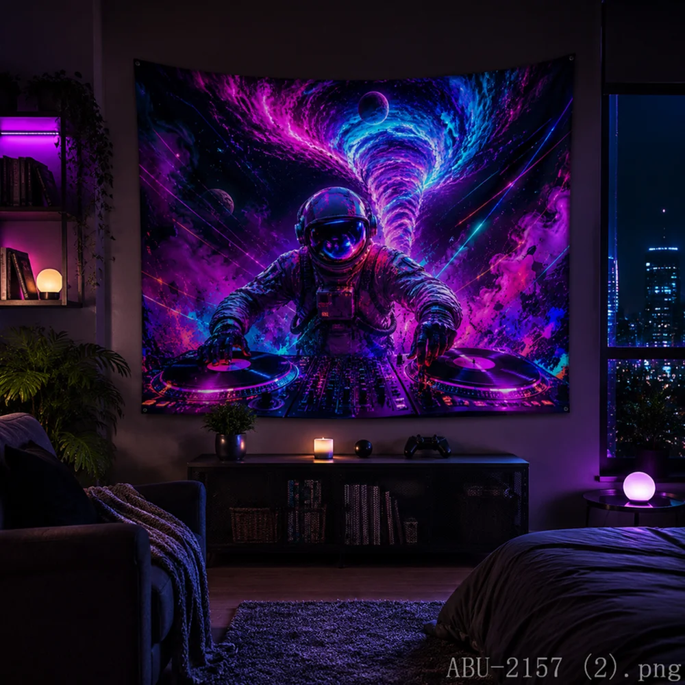 VIKAMA Psychedelic Space DJ Tapestry, Vibrant Astronaut & Turntable Wall Hanging, Modern Home Decor