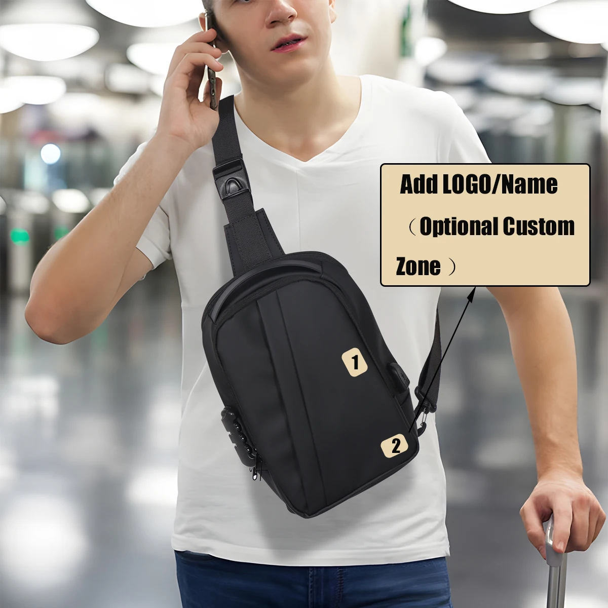 

Personalized Men's Chest Bag Anti Theft Design Shoulder Bag USB Charging Port Capacity Three Layers Travel Cross Bag Waterproof