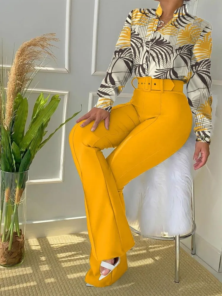 Casual Long Sleeve Shirt Pants Set Office Lady Fashion V Neck Floral Print Shirt Trousers Two Piece Set Women Outfit 2023