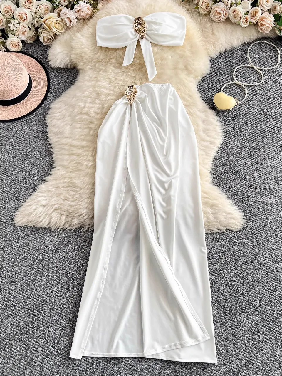 

Foamlina Summer Seaside Vacation Sexy Camis Metal Buckle Tube Top + High Waist Skinny Split Skirt 2 Piece Skirt Set Holiday