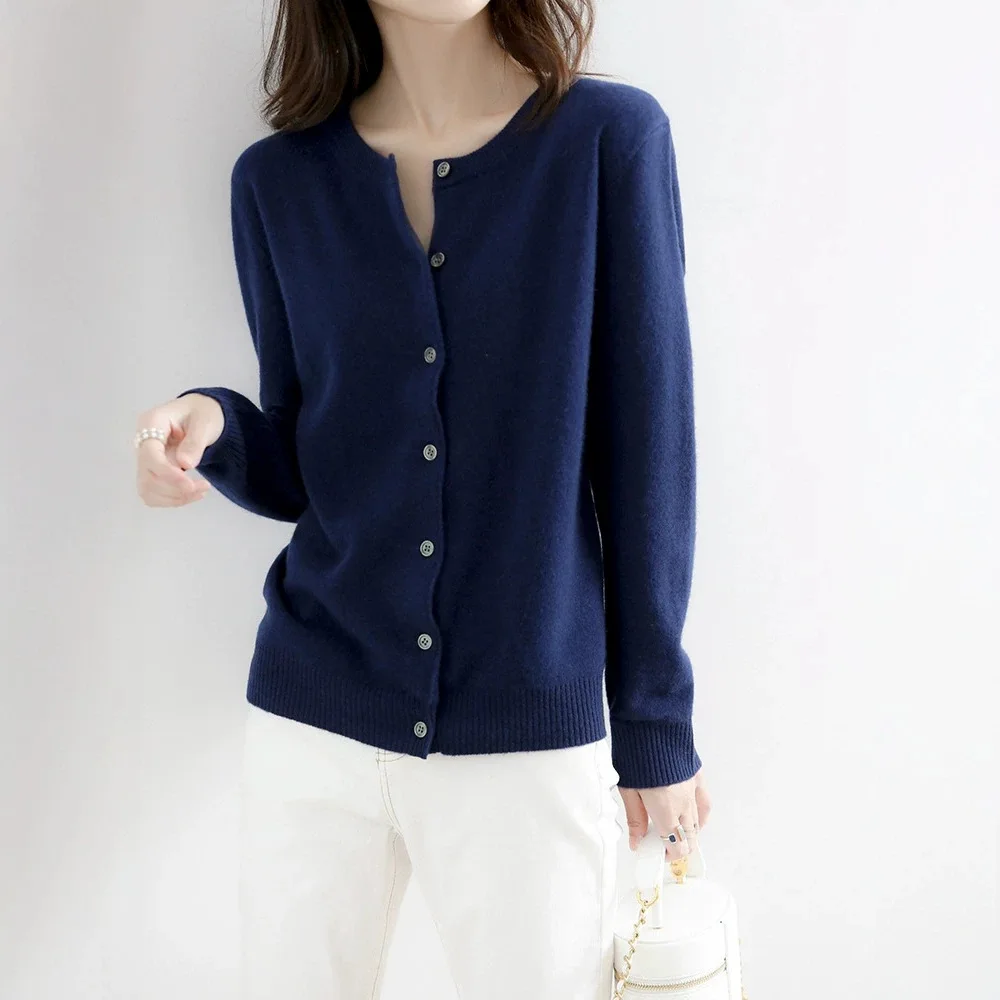 Autumn Women Cardigan Round Neck Knitwear Solid Color Fashion High-grade