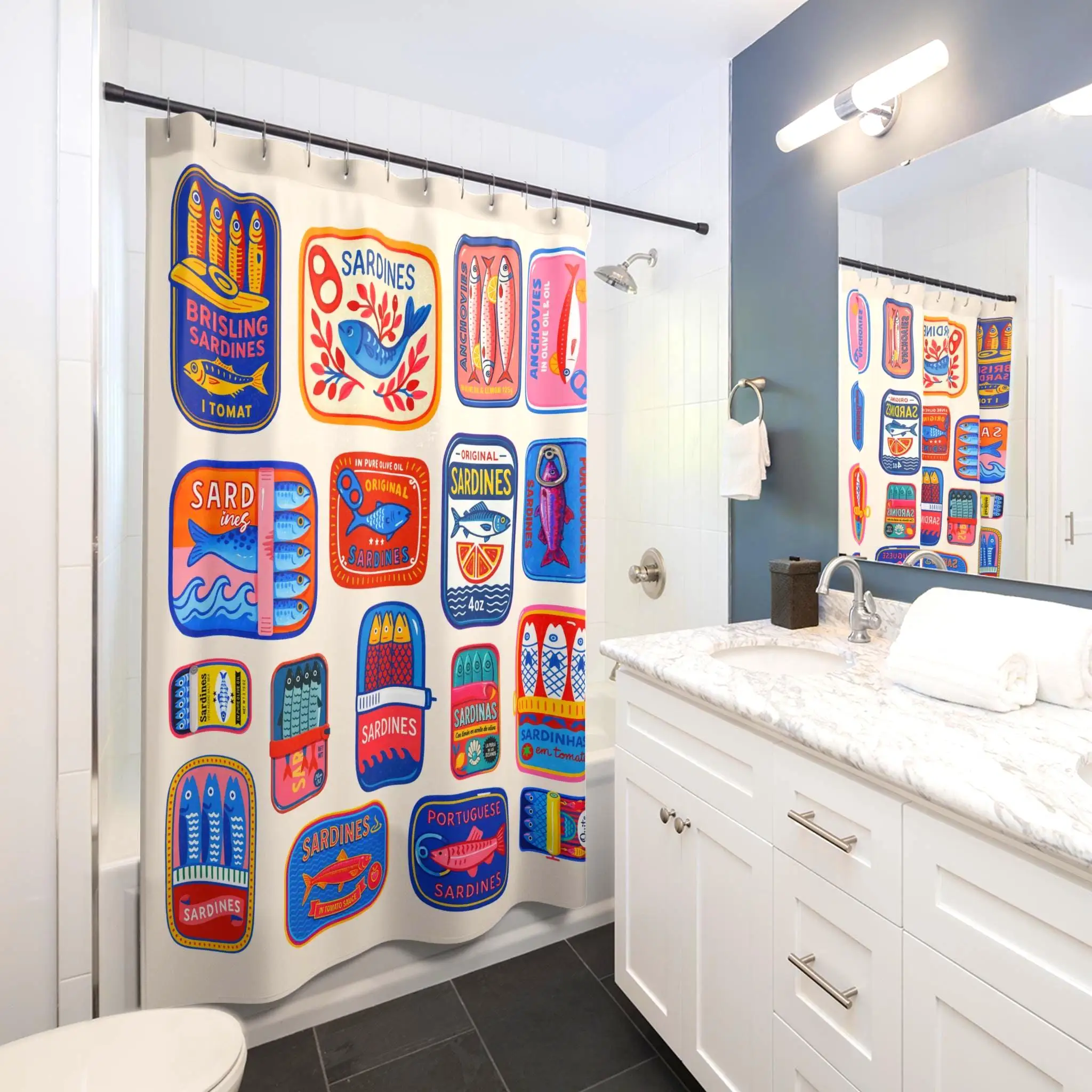 Fun Retro Sardines Beach Bathroom Shower Curtain Nautical Seafood Print Novelty Shower Curtain for Home Decor