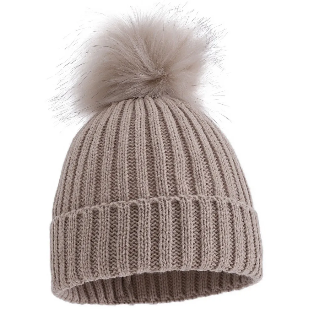 Solid Color Ribbed Knit Beanie Ribbed Knit Single Pom Pom Faux Fur Pom Beanie Thick Warm Windproof Winter Beanie Hat For Men