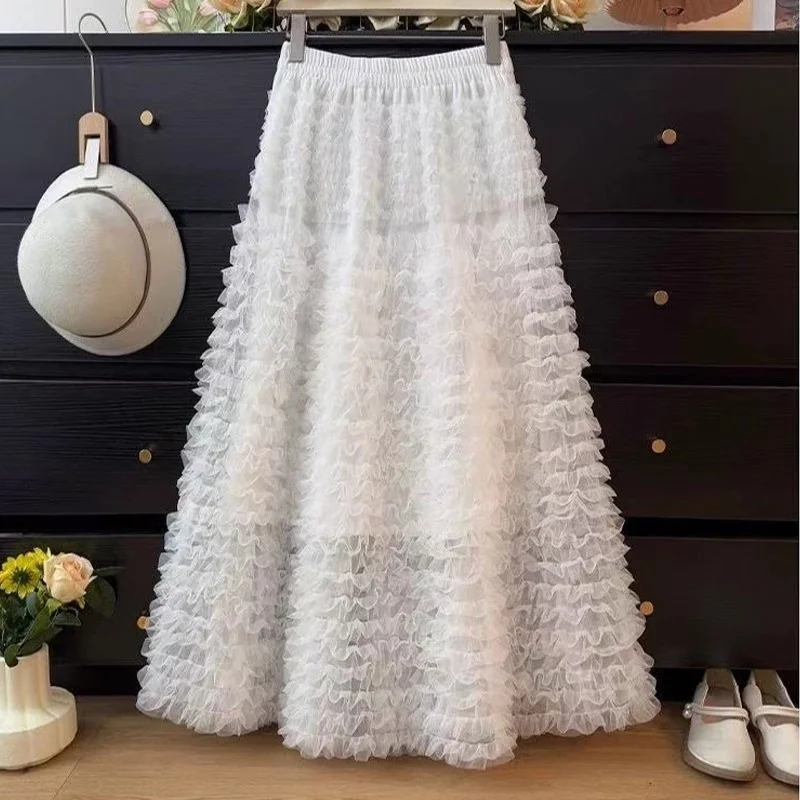 Gonna soffice in rete multistrato stile francese all'inizio della primavera con gonna a pieghe a pieghe a vita alta stile moda w1811