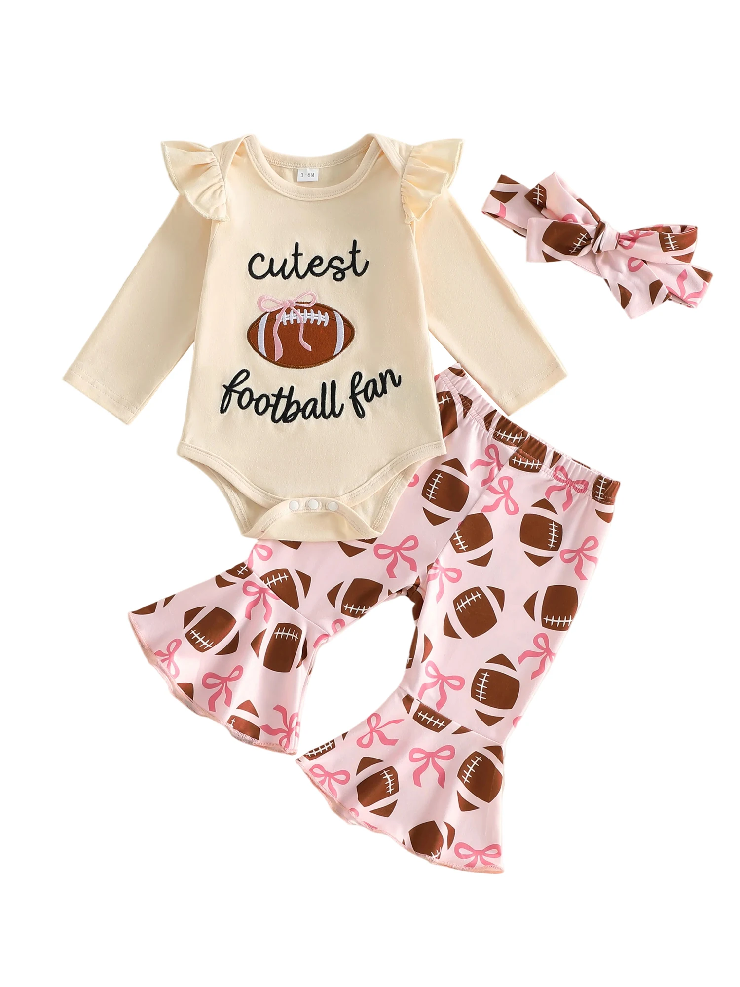 

3Pcs Baby Girl Clothes Set Crew Neck Ruffle Long Sleeve Romper with Bow Embroidery Bell Bottom Pants and Headband