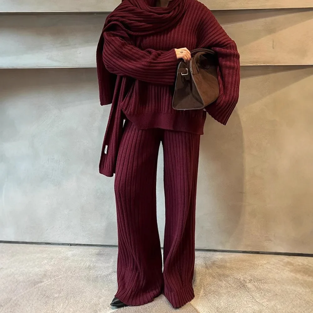 Women Tracksuit Knitted Sweaters Matching Sets Full Length Wide Leg Trousers V Neck Jumpers Three Pieces Scarf Casual Solid