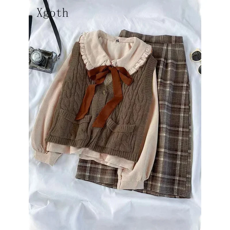 

Xgoth Preppy женский костюм-тройка, весенне-осенний студенческий корейский свободный костюм на шнуровке + вязаный жилет + комплекты клетчатой юбки