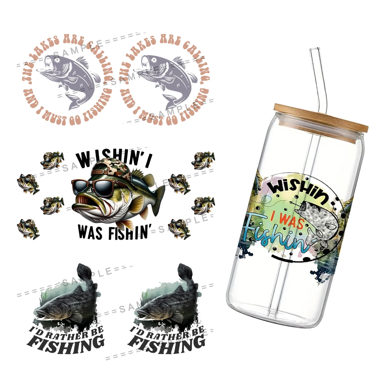 Fishing Cup Wrap Sticker, UV Dtf Waterproof Sticker, Glass Can Tumbler, Sublimation Design, 11x24cm, 16oz