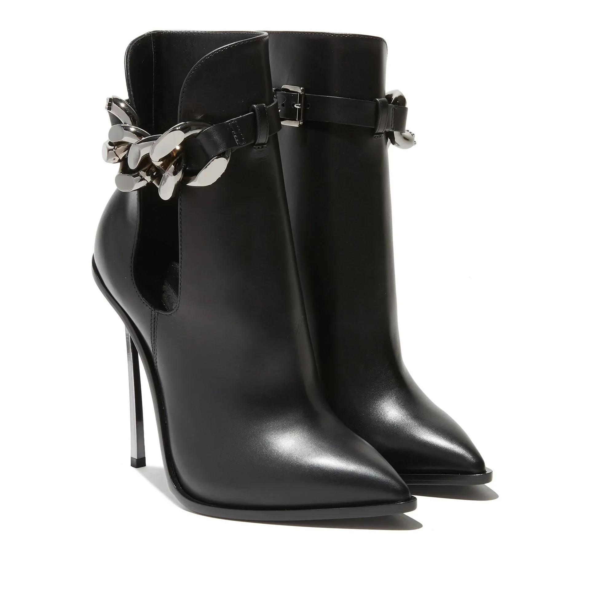 

Hollow Ankle Short Boots Metal Chain Thin Super High Heels Pointed Toe Solid Black Consise Fashion Women Shoes Spring Summer