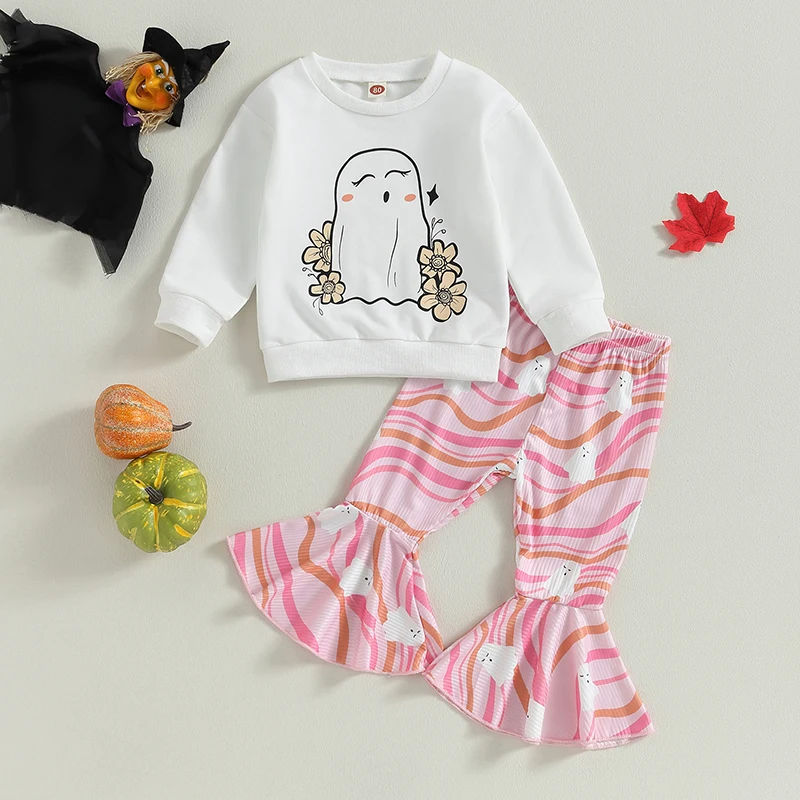 Listenwind Toddler Girls Halloween Clothes Ghost Print Long Sleeve Sweatshirt and Elastic Flare Pants Set 2 Piece Outfits