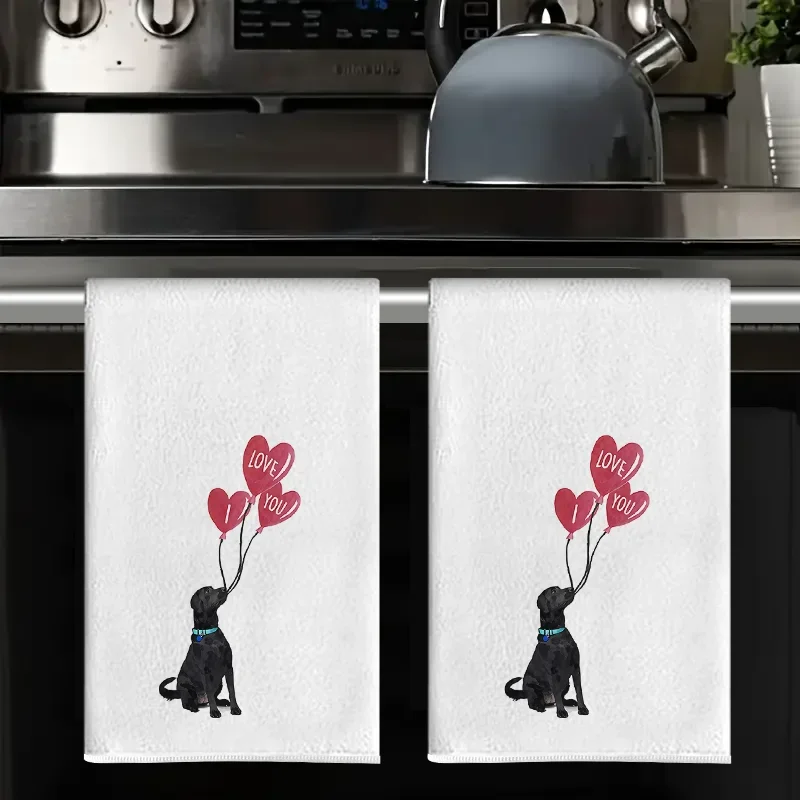 Heart Balloon Little Black Dog Kitchen Towels, 40*60cm Towel Set Super Absorbent Soft Cleaning Cloth, Cooking Baking Tea Towel