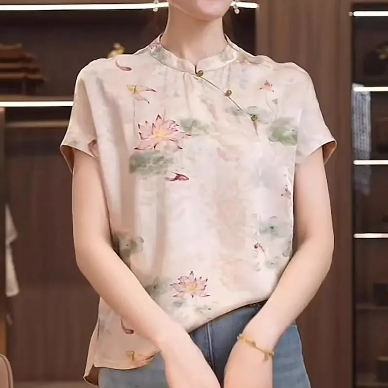 Floral Printed Satin Silk Blouses Women Short Sleeve Retro Shirts Chinese Style Cheongsam Top