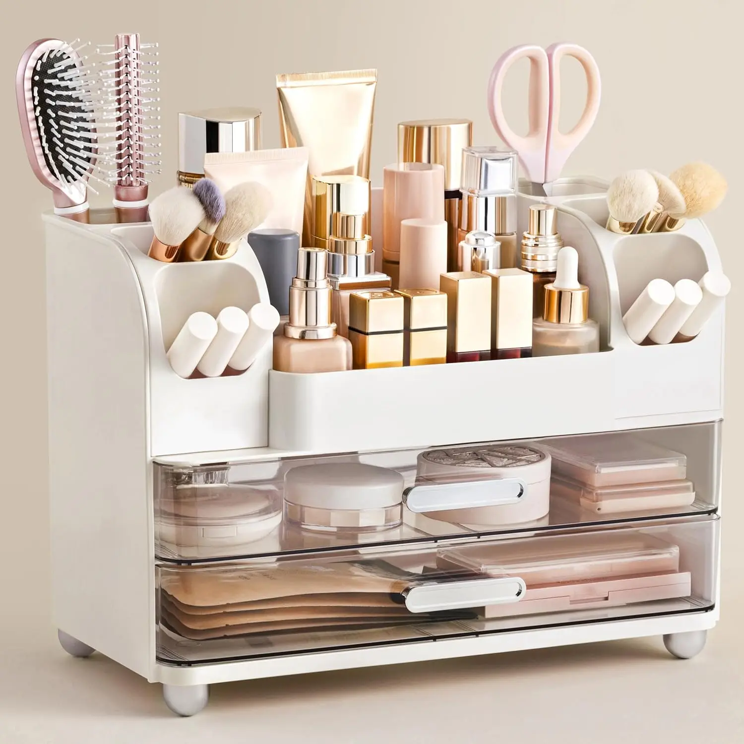 

Large Cosmetic Organizer with Brush Holder, 2 Drawers & Side Slots for Makeup Storage, White