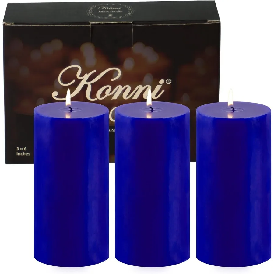 Velas de pilar azules clásicas, juego de 3 velas de pilar sin perfume de 3x6 para bodas, decoración del hogar, fiestas, spas, burni de 56 horas de largo