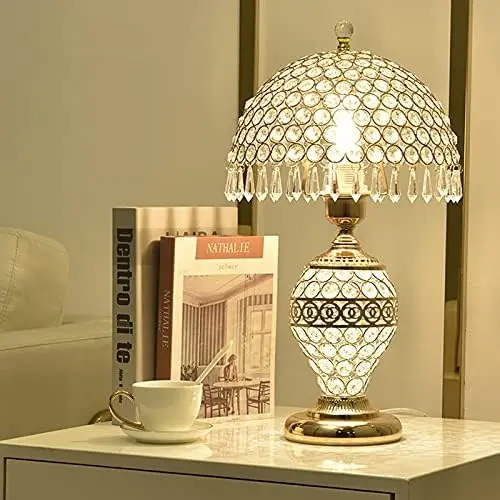 

Crystal Metal Table Lamp for bedrooms, Dimmable Bedside Lamp, 18inch Decorative Nightstand Lamps Classic Elegant Design with Cry