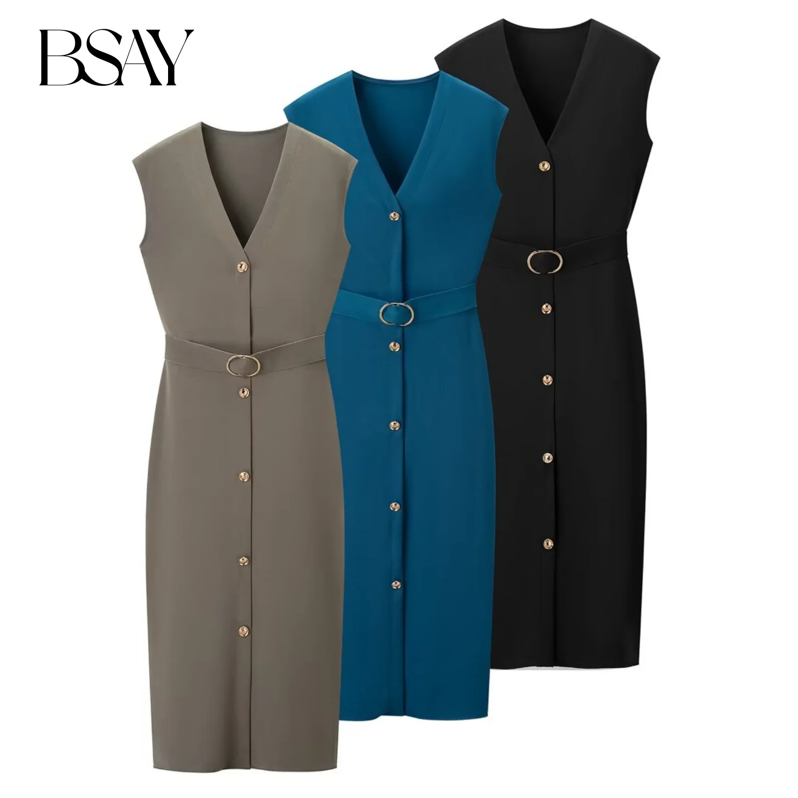BSAY Kleid aus elastischem Stoff mit Bund, Damenbekleidung, Mode, 2025, neue französische Party, eng, sexy Midi-Abendkleider mit V-Ausschnitt