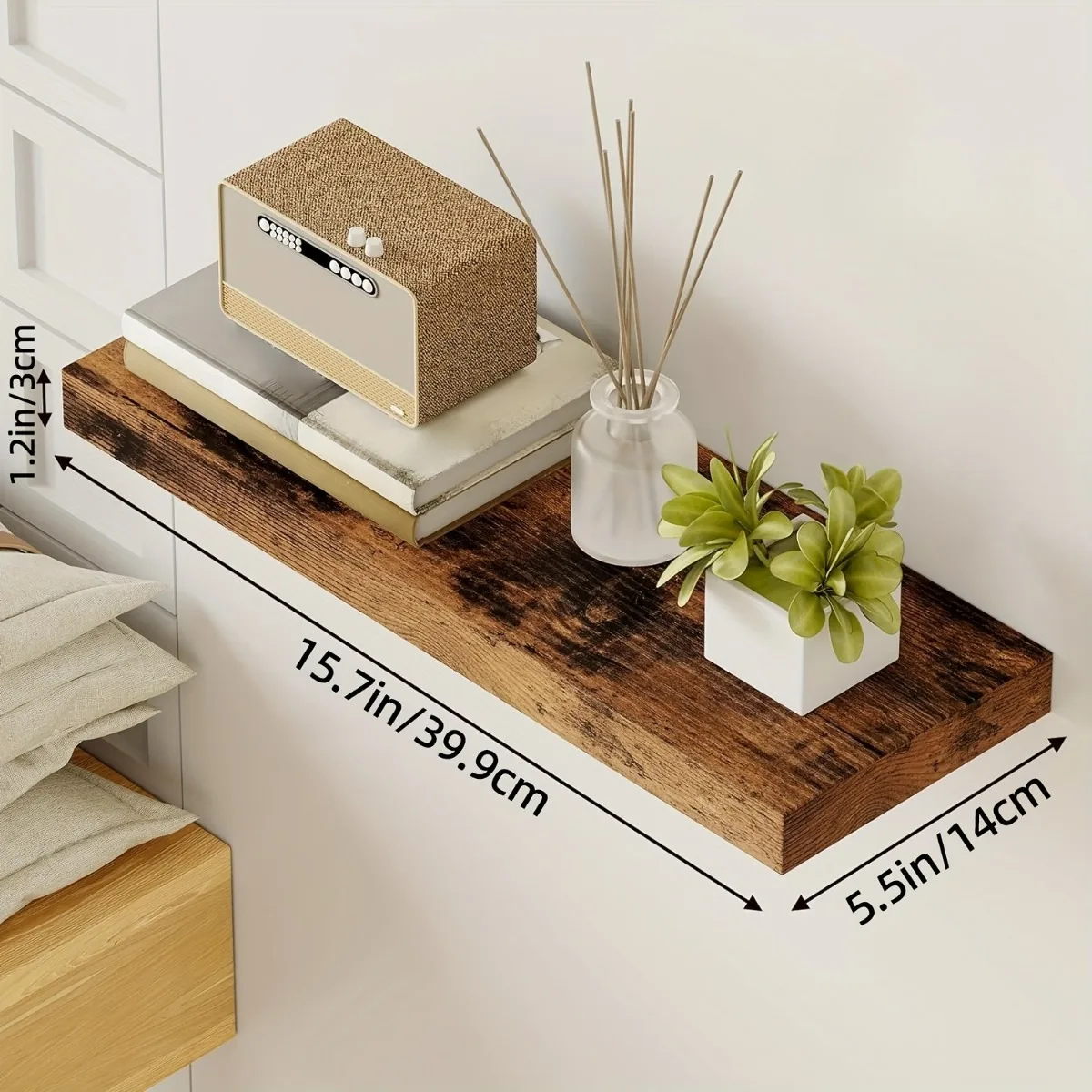 Floating Wall Shelves 15.7in Wood Wall Mounted Shelf Rustic Storage Rack Space Saving Organizer for Bathroom Kitchen Bedroom