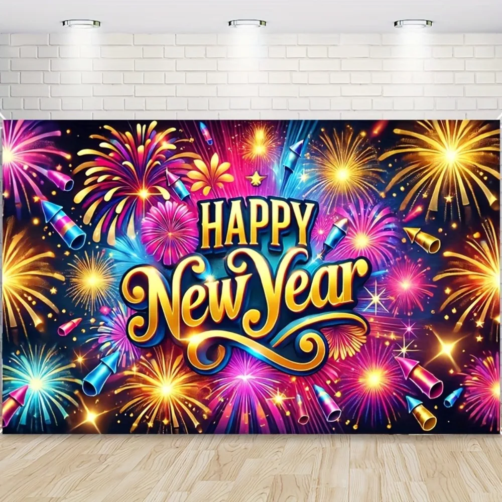 Happy New Year banner with colored fireworks, polyester, no power needed - perfect for holiday decorations and photography