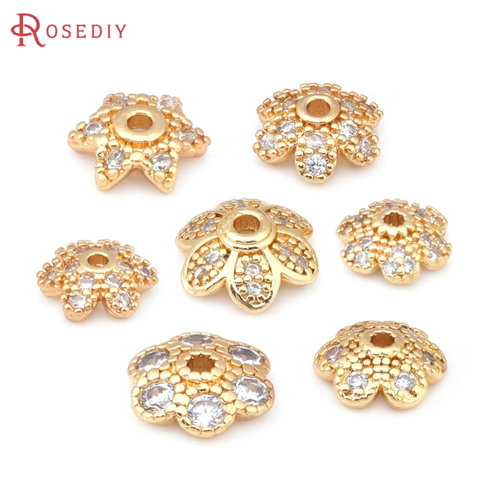 

10PCS 6MM 8MM 10MM High Quality 18K Gold Color Brass and Zircon Flower Beads Caps Jewelry Making Supplies Diy Accessories