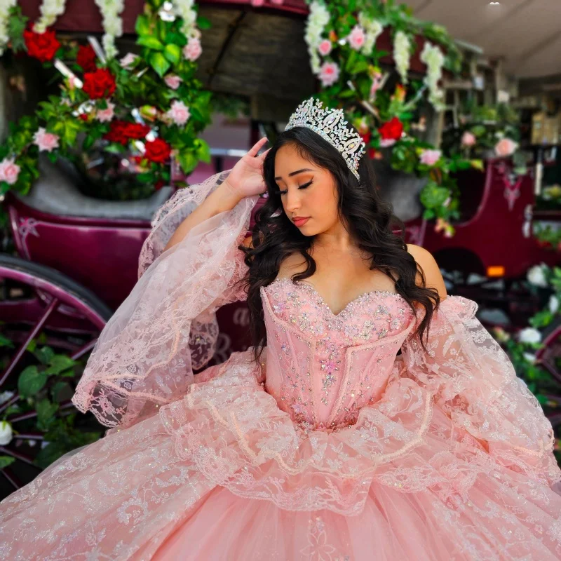 

Shiny Pink Quinceanera Dress off-shoulder glitter decal Tull layering crystal Long tail vestidos de 15 Quinceanera ﻿Customized