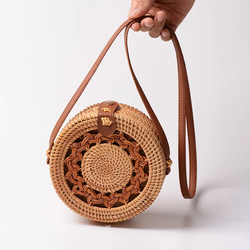 Rattan Ins Handmade Rattan PU Leather Buckle Bag Literary National Style Straw Weaving Round Lap Outing Women's Crossbody Bag