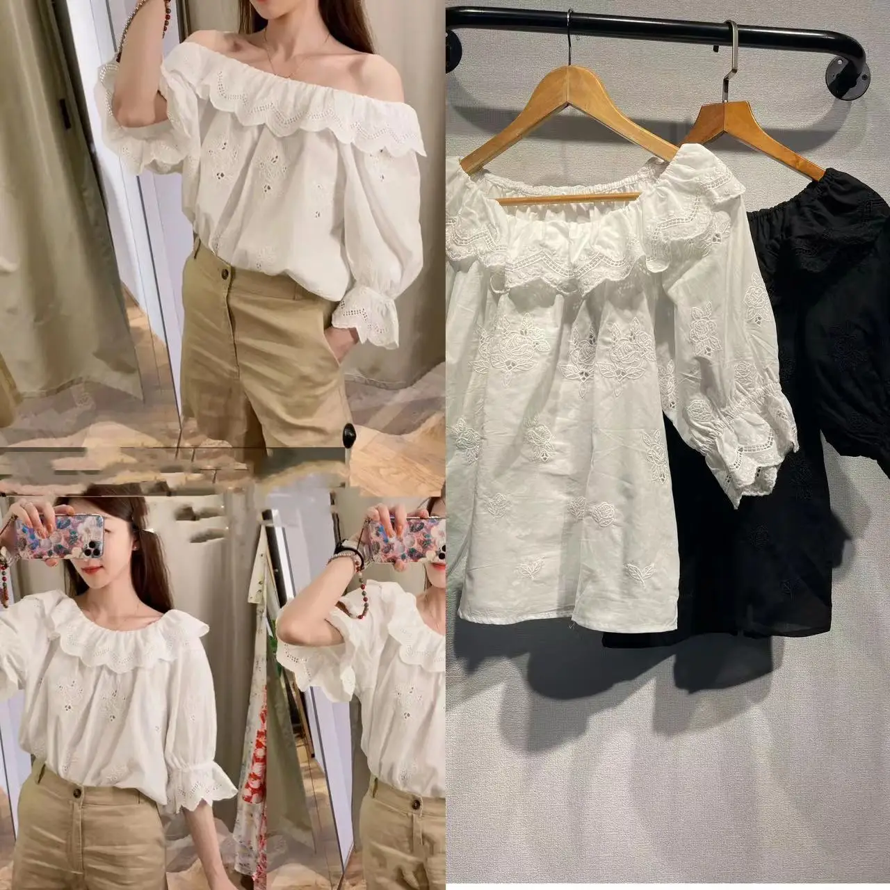 

French Sle Early Autumn New Design Hollow out Lace Trim Embroidered irt Women's Pure Cotton Bubble Sve Stand Collar Bl...