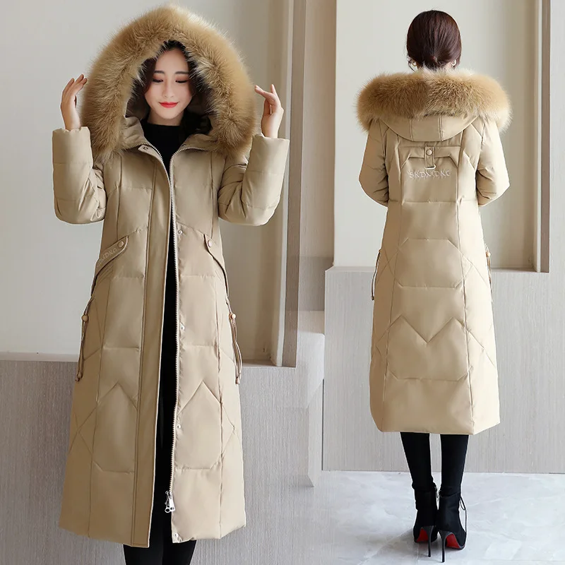 

Parkas Long Coat Women Cotton Padded Jacket Hooded Fur Collar Letter Outerwear Thick Windproof Overcoat Office Lady Winter