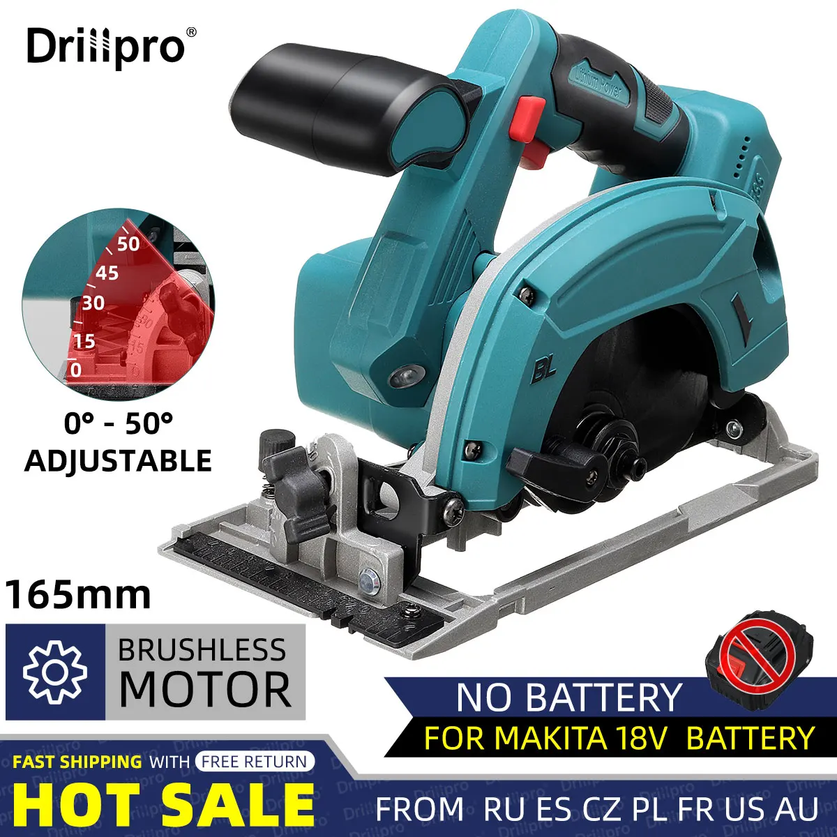 Drillpro 165 mm Serra Circular Elétrica Cortador de Madeira ° a 50 ° Máquina de Corte de Lâmina Ajustável para Makita 18v Bateria