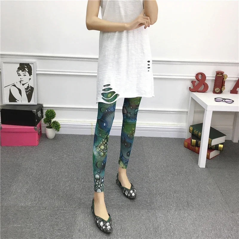 Summer Sunscreen Mesh Leggings Women's Bohemian Semi Permeable Meat Large Elastic Travel Nine Point Printed Pants Thin Trend